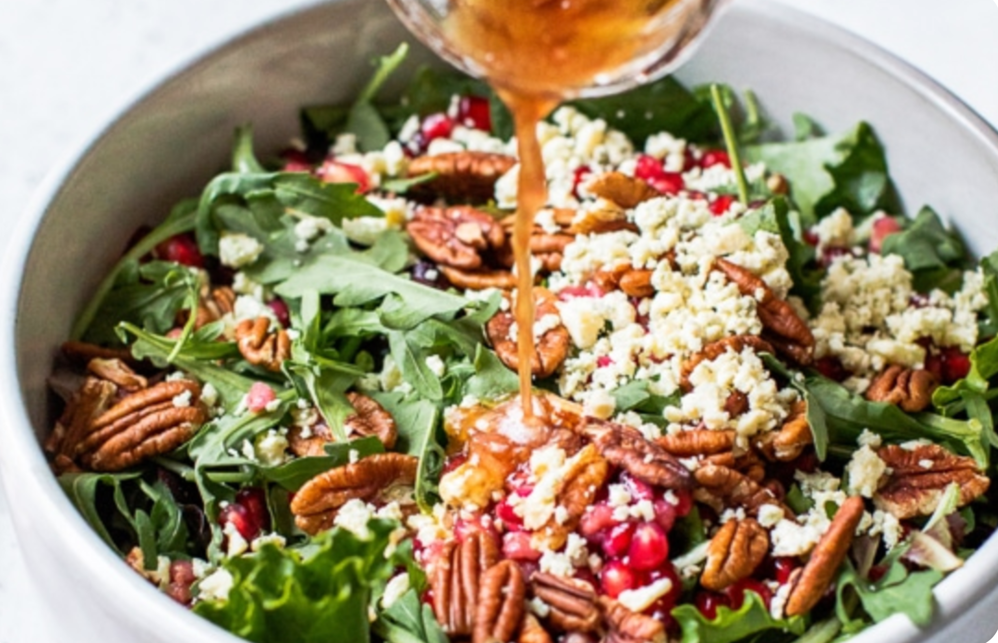 Mixed Baby Greens with Pomegranate, Gorgonzola and Pecans –